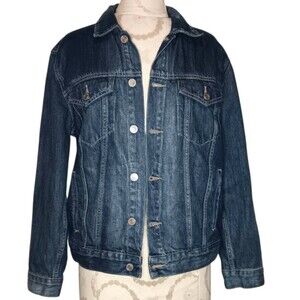 Lucky Brand Jacket Womens Large Dark Blue Denim Jean Tomboy Trucker Button Front